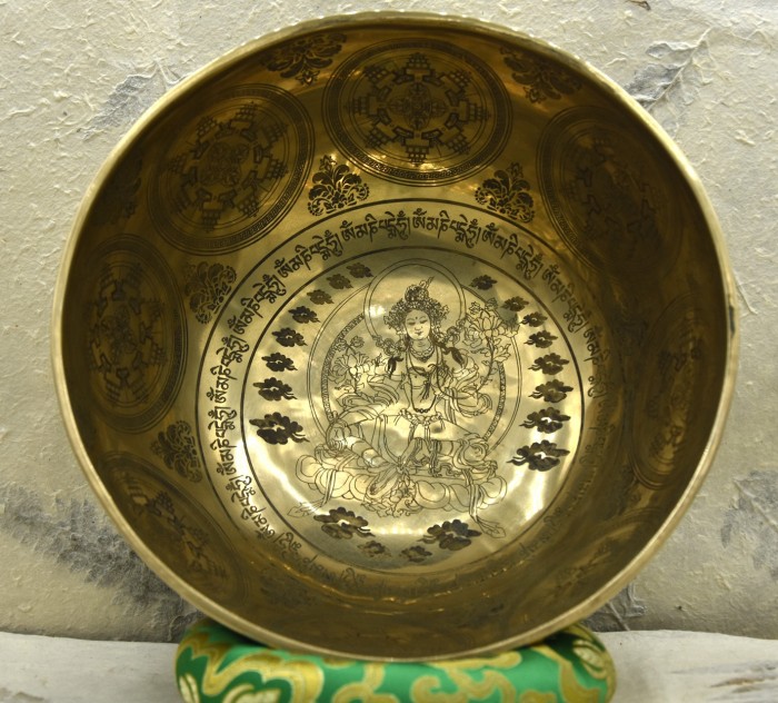 -Carved and Laser-Etched Green Tara Jambati Singing Bowl -7Metal Masterpiece
